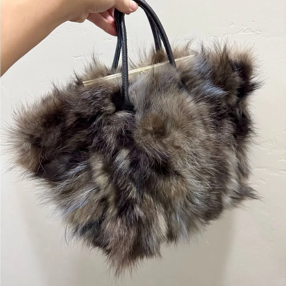 Genuine Fox Fur Handmade Large Tote/Metal Clip & Leather Handles Bag/Crossbody - Picture 4 of 16
